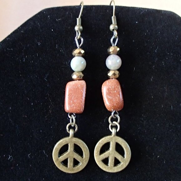 Speckled Goldstone Labradorite Gemstone Earrings Rondelle Spacers Brass Peace - Picture 1 of 13